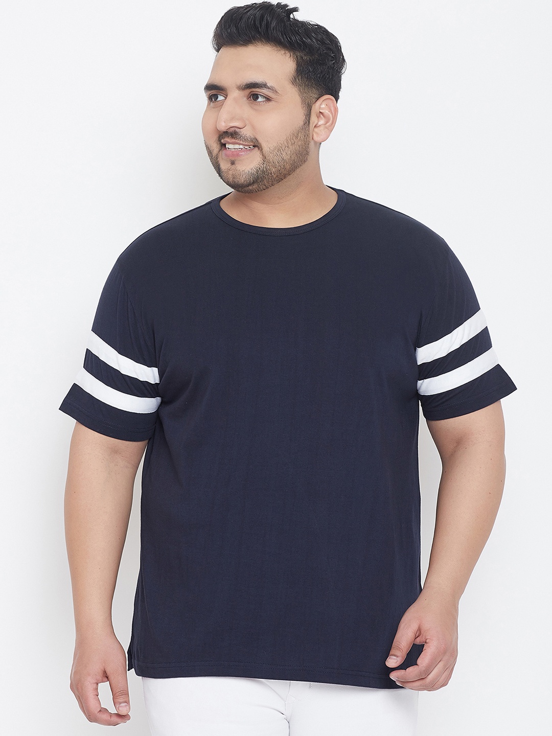 

bigbanana Plus Size Men Navy Blue Striped Round Neck Pure Cotton T-shirt