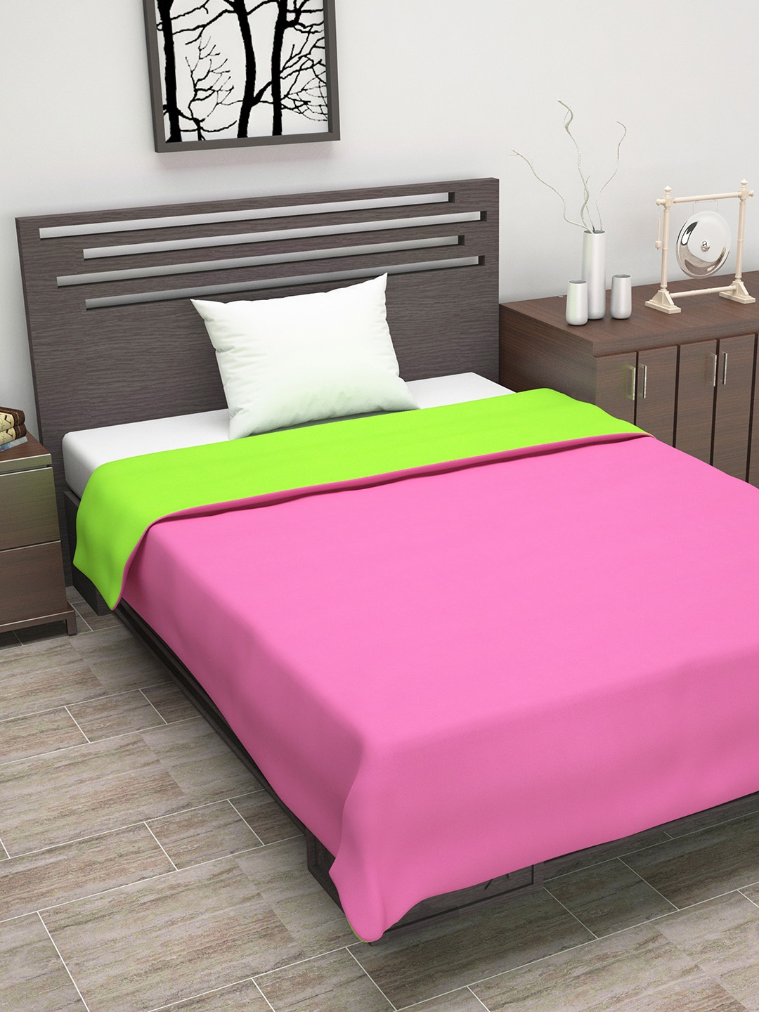 

Divine Casa Pink & Lime Green Solid AC Room 110 GSM Single Bed Dohar