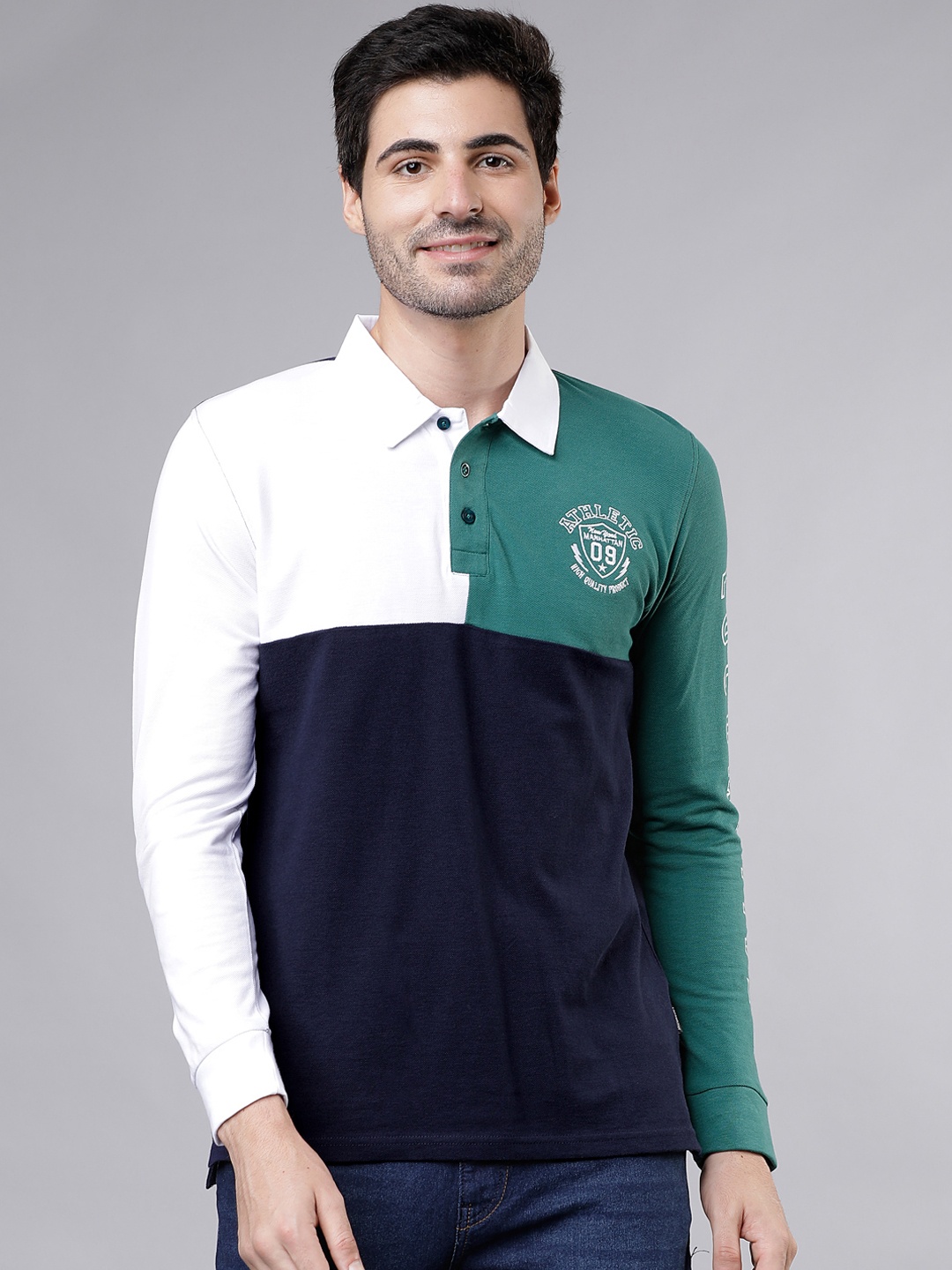 LOCOMOTIVE Men Navy Blue & Green Colourblocked Polo Collar T-shirt