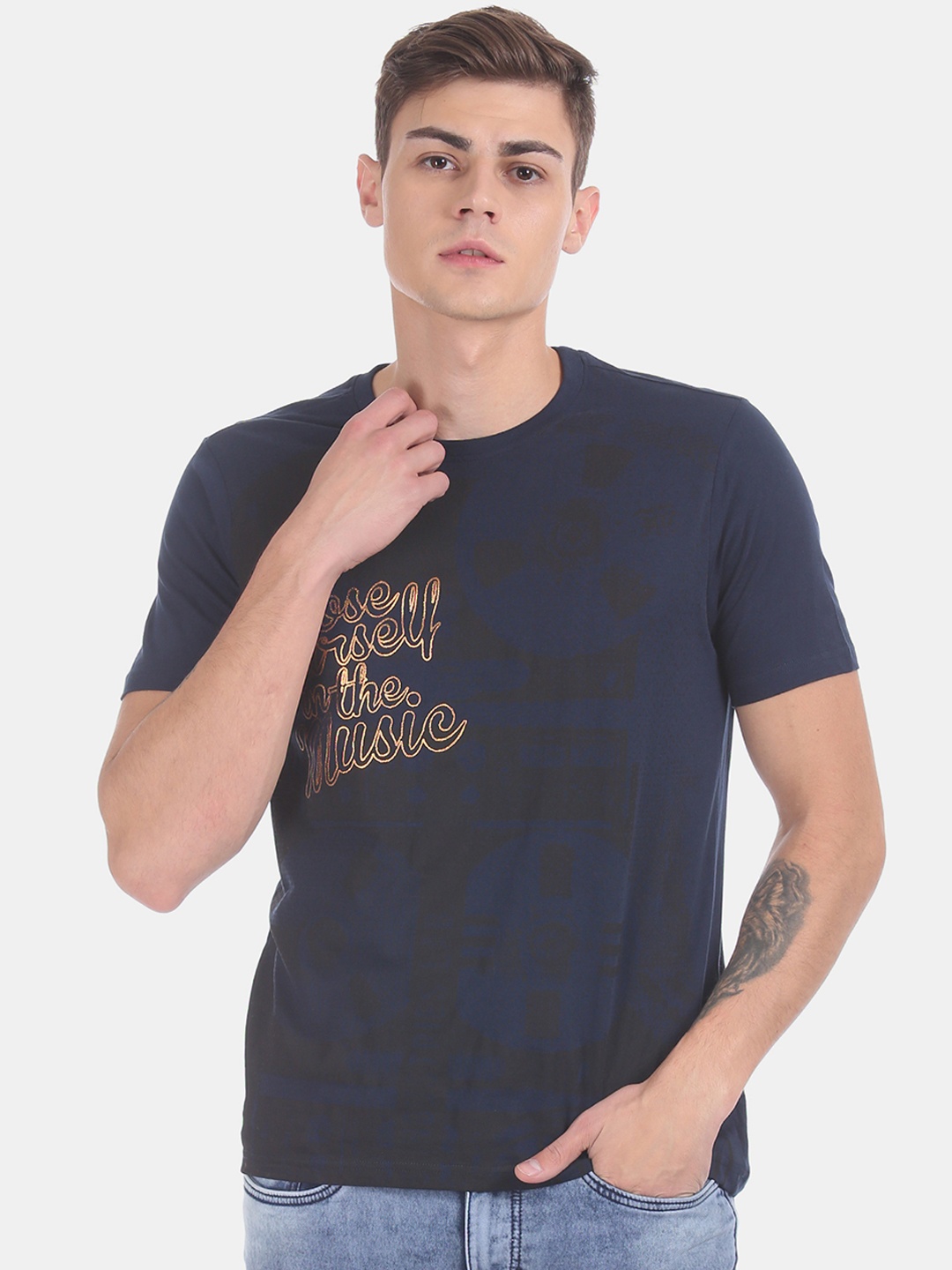

Colt Men Blue Printed Round Neck Pure Cotton T-shirt