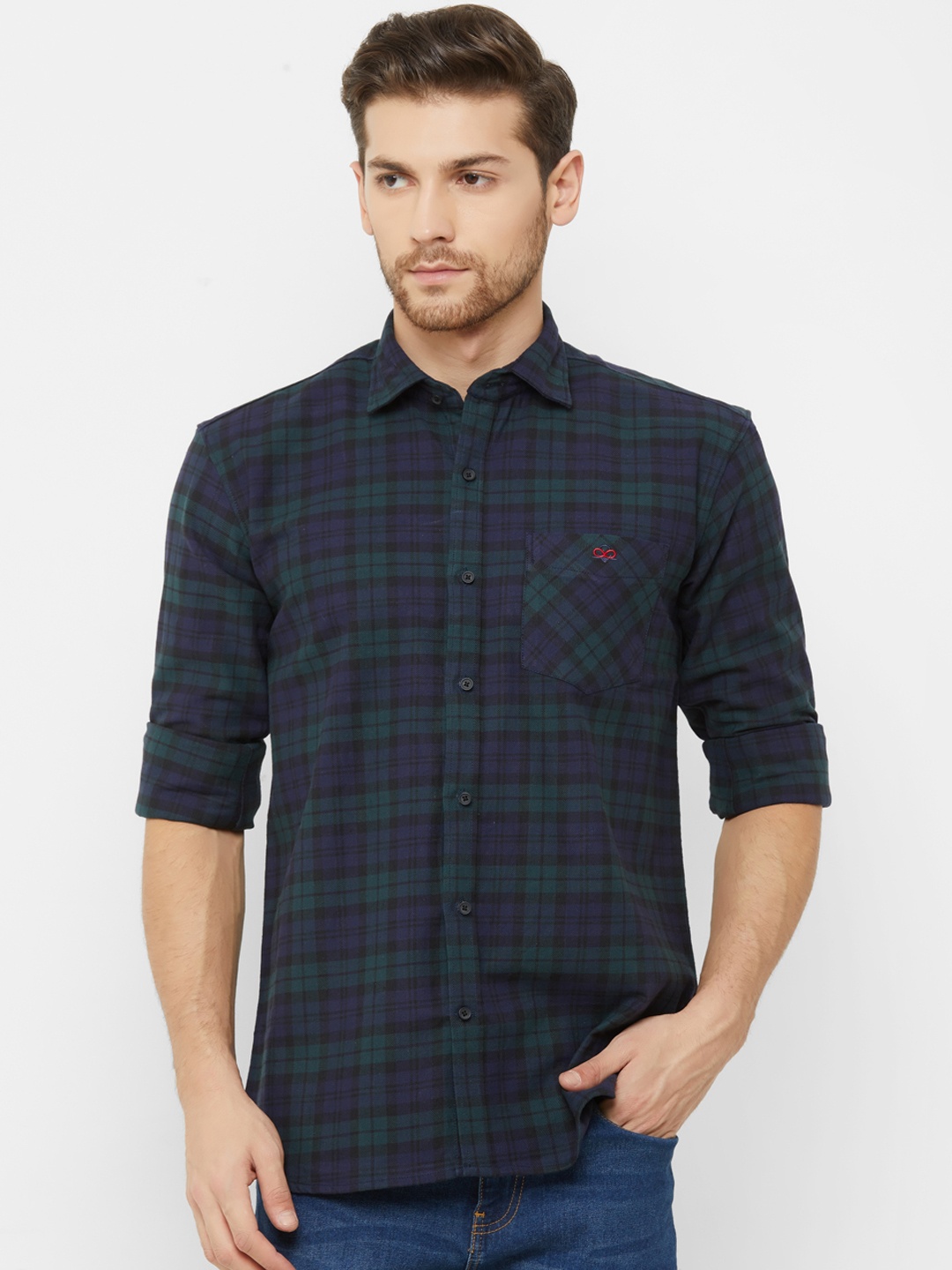 

Donzell Men Green & Navy Blue Regular Fit Checked Casual Shirt