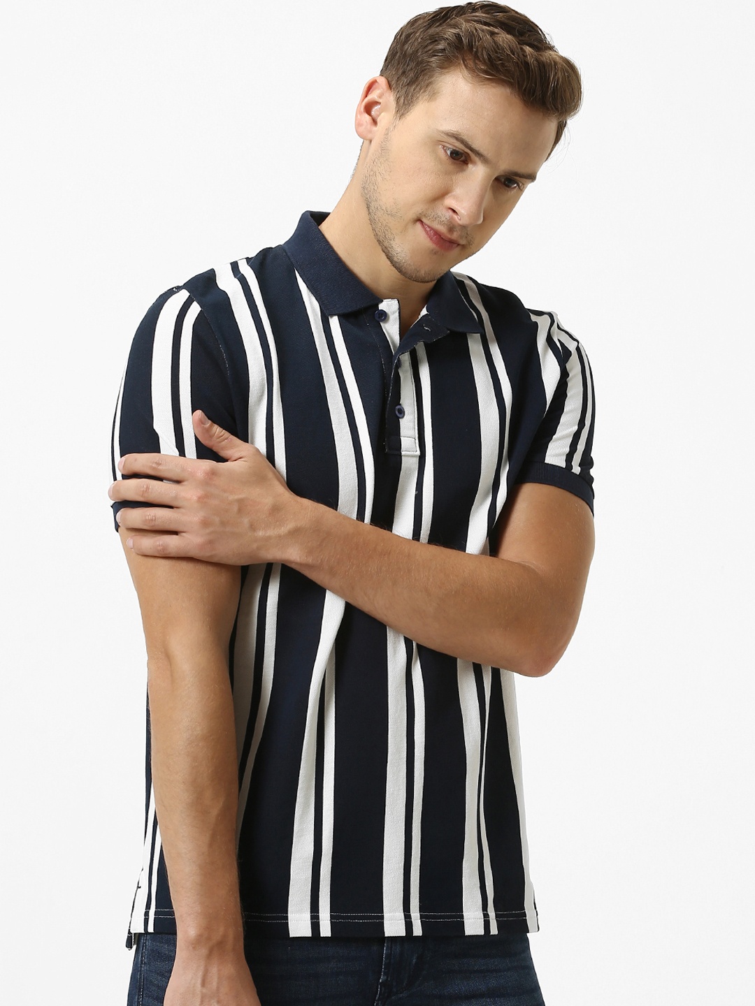 

Celio Men Navy Blue & White Striped Polo Collar T-shirt