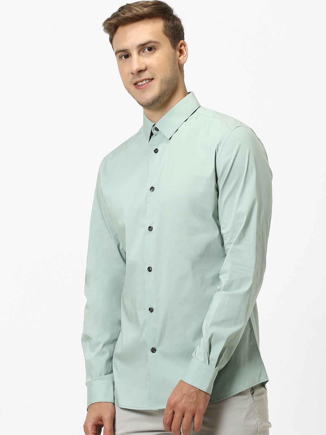 Celio Men Sea Green Slim Fit Solid Casual Shirt