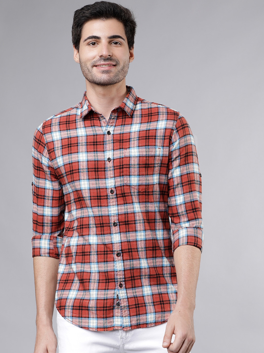 

LOCOMOTIVE Men Rust Red & Blue Slim Fit Checked Casual Shirt