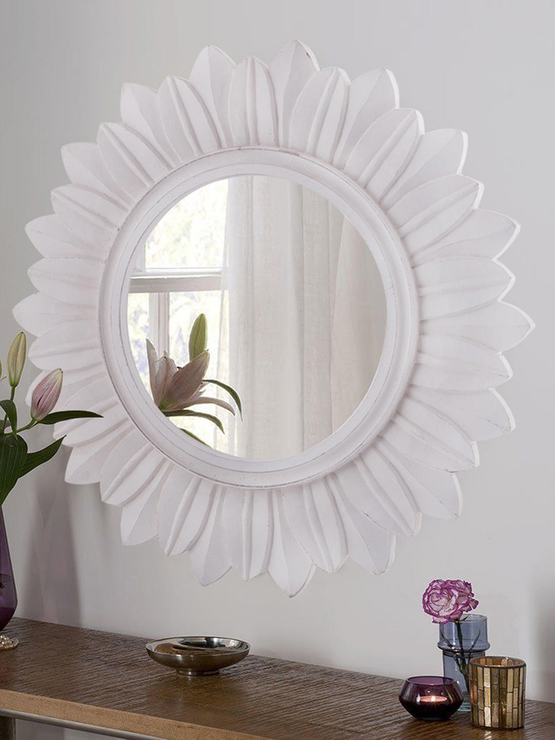 

Homesake Unisex White Sunburst Decorative Wooden Hand Carved Wall Mirror