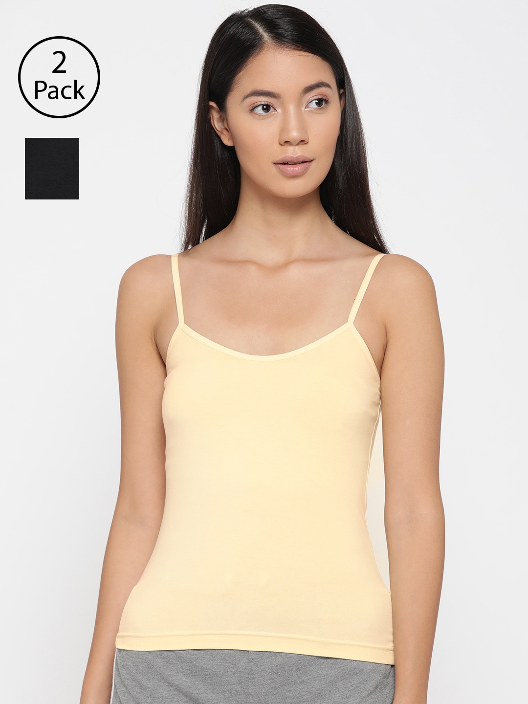 

Lady Lyka Women Pack Of 2 Solid Adjustable Straps Camisoles CAMI-04, Beige