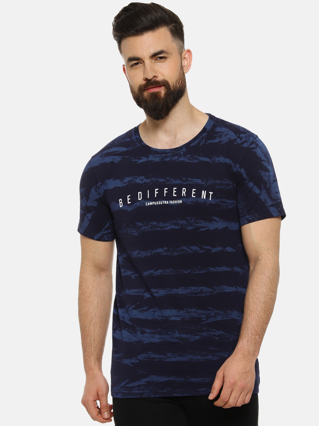 

Campus Sutra Men Navy Blue Striped Round Neck T-shirt