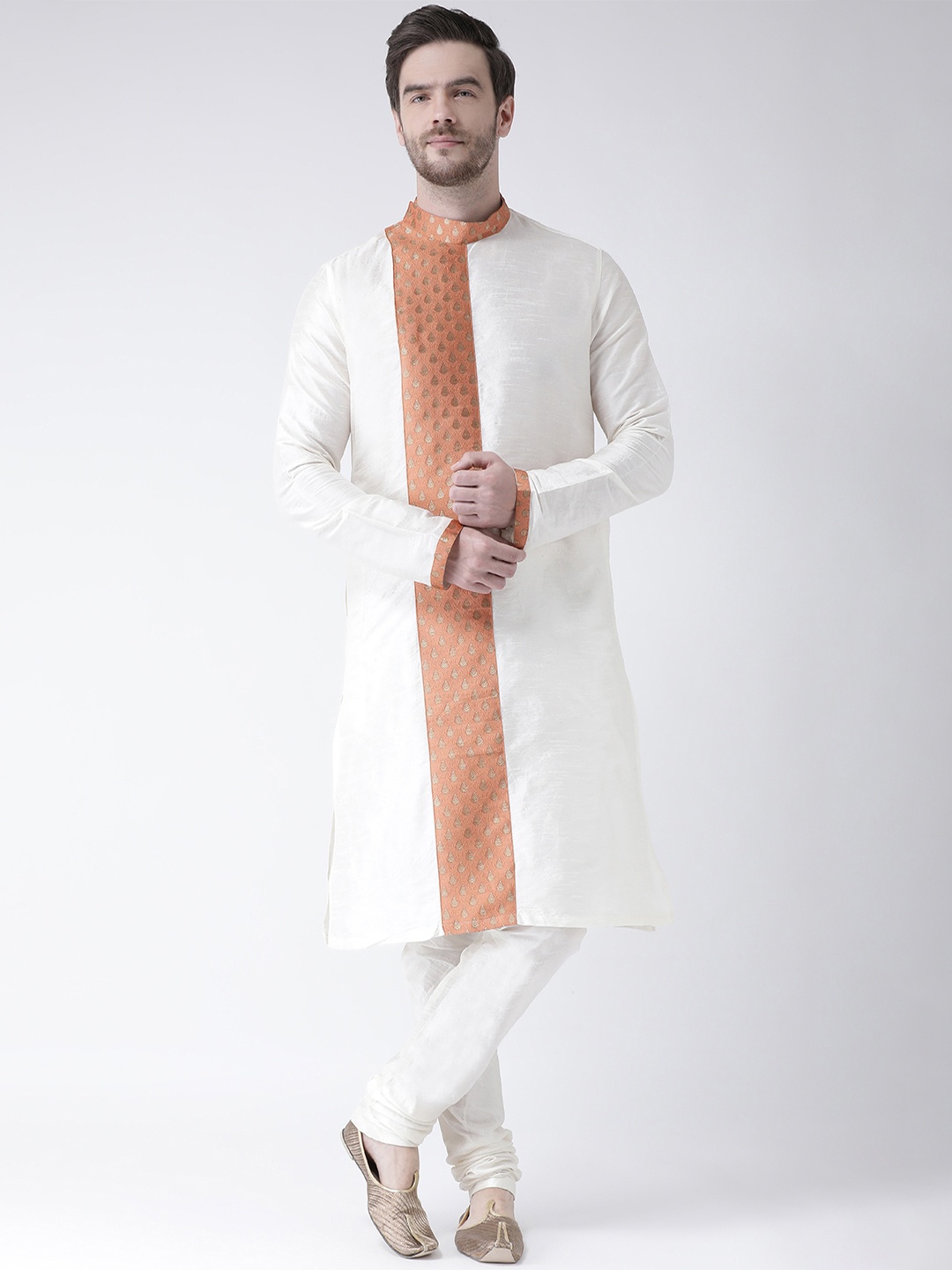 

DEYANN Men Off-White & Mustard Brown Self Design Kurta with Churidar