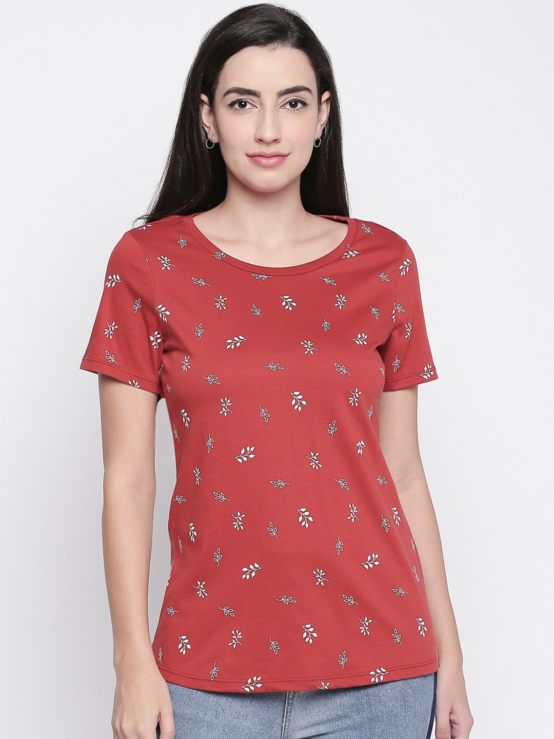 

Honey by Pantaloons Women Rust Red White Printed Round Neck Pure Cotton T-shirt