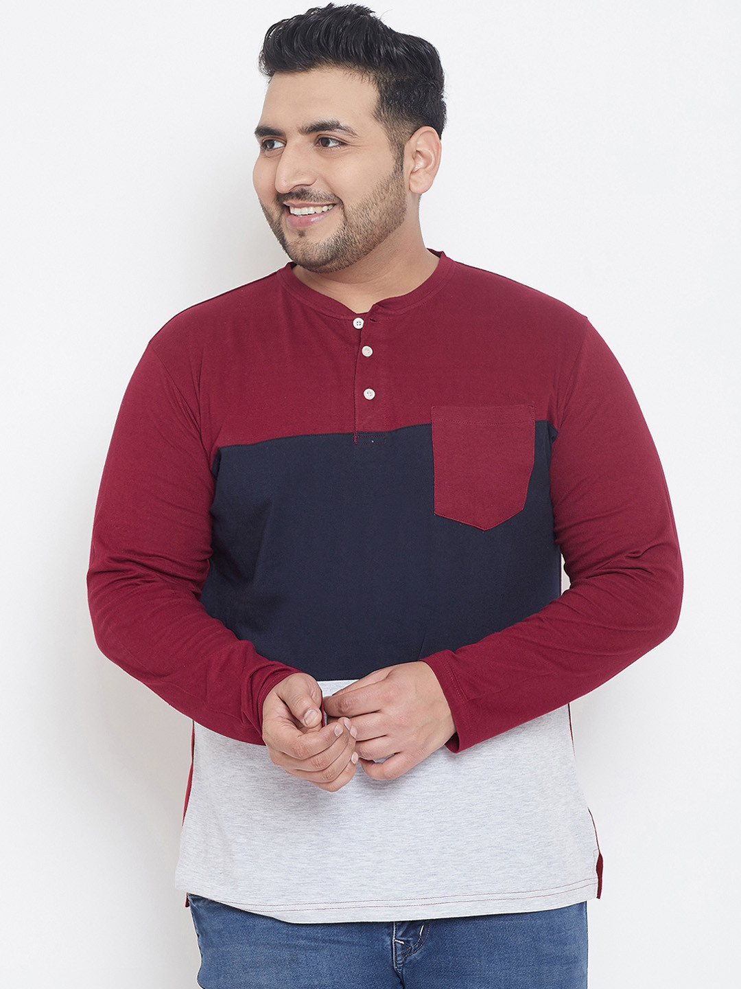 

bigbanana Plus Size Men Maroon Colourblocked Mandarin Collar Pure Cotton T-shirt