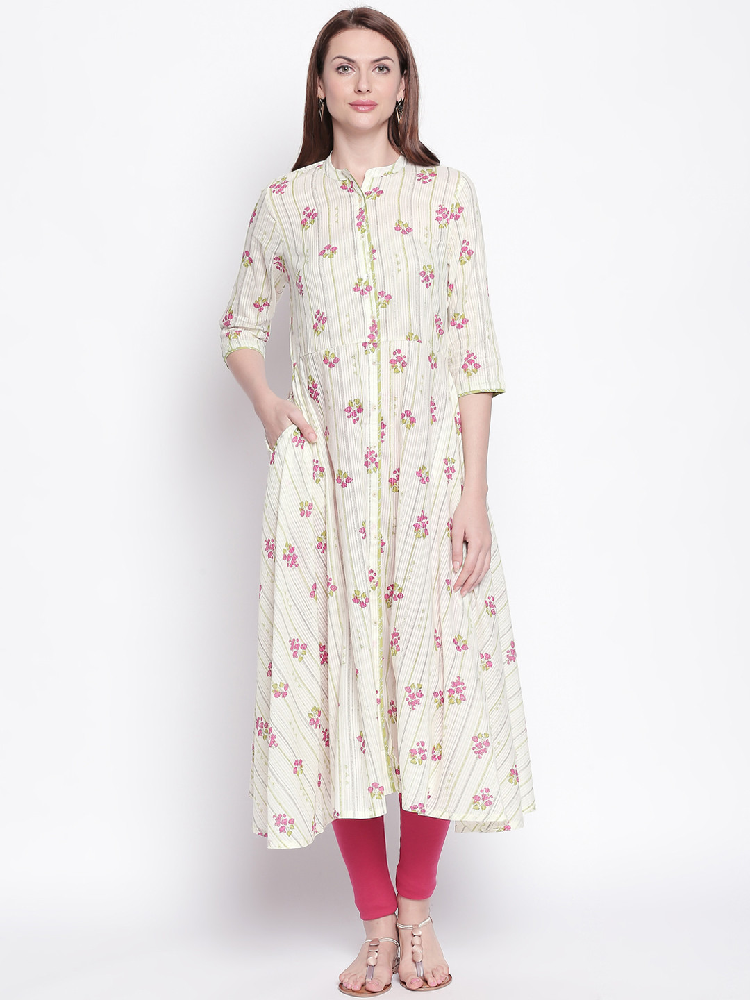 

RANGMANCH BY PANTALOONS Women White & Pink Printed A-Line Kurta