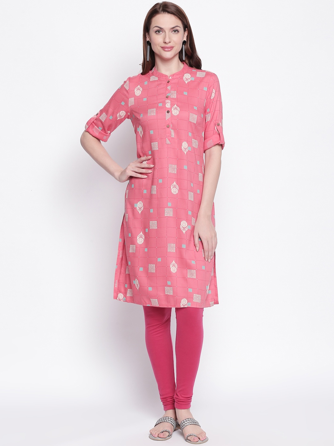 

RANGMANCH BY PANTALOONS Women Coral Pink & White Checked Straight Kurta
