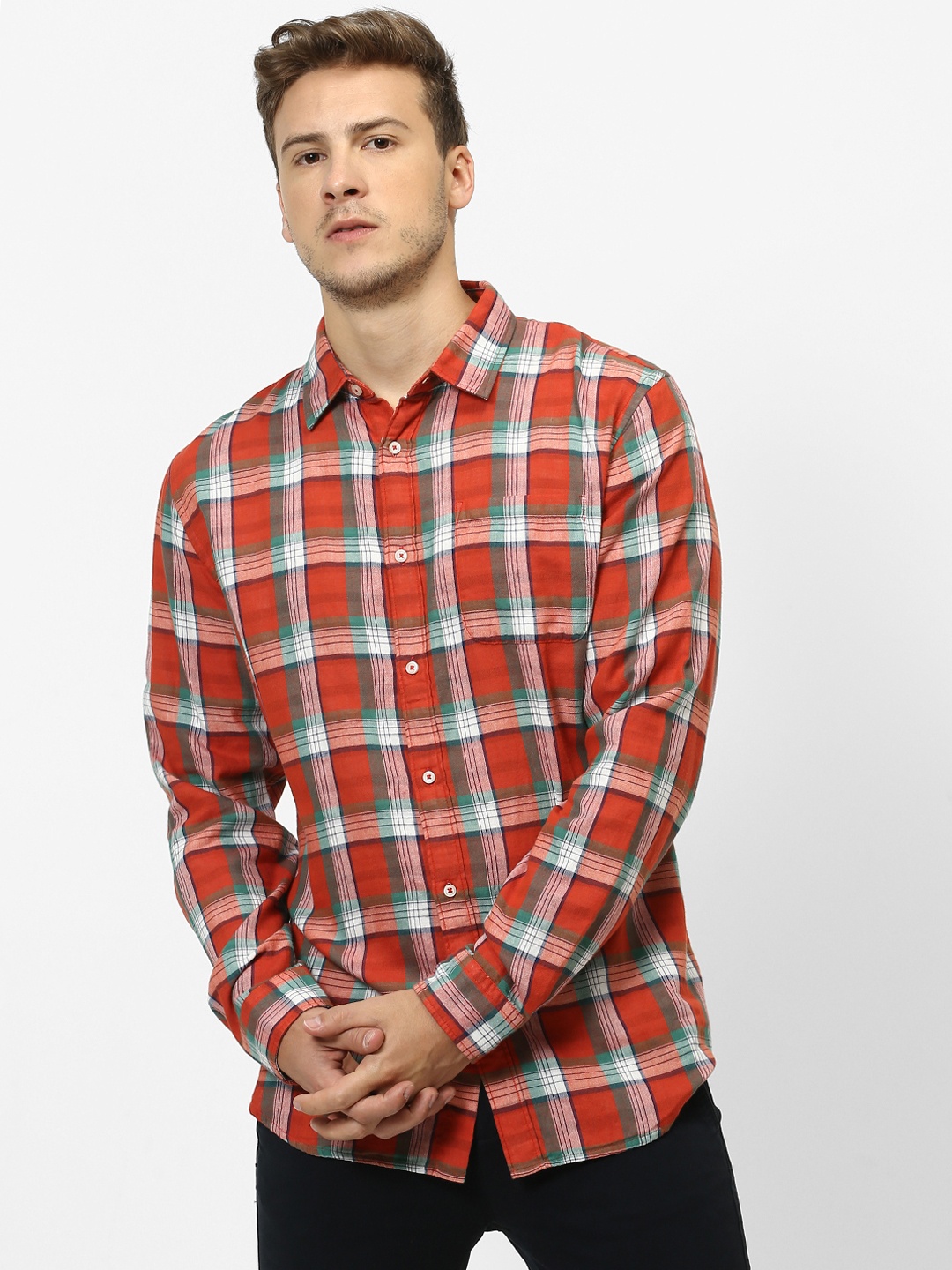 

Celio Men Orange & Green Regular Fit Checked Casual Shirt
