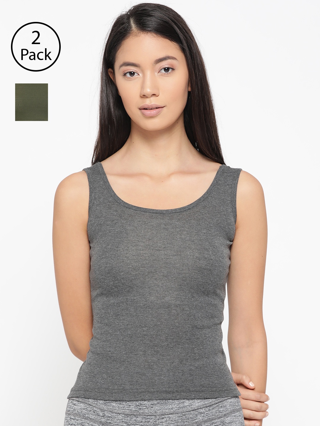 

Lady Lyka Women Pack Of 2 Solid Tank Top Camisoles CAMI-05-GRN-GRY, Olive