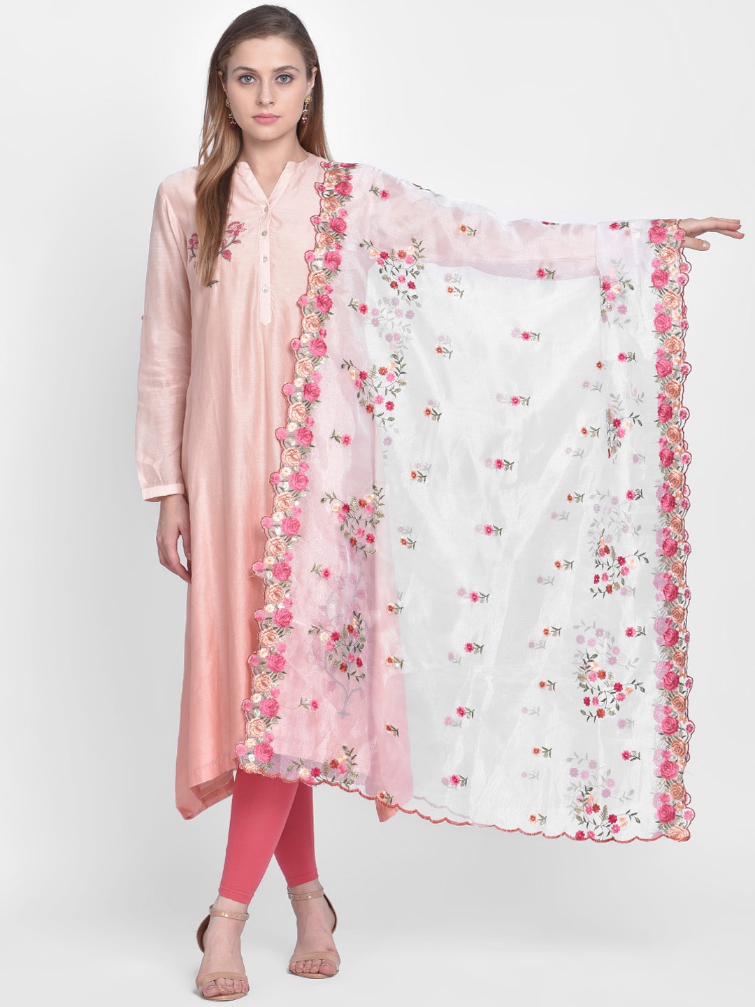 

Dupatta Bazaar White & Pink Organza Embroidered Dupatta