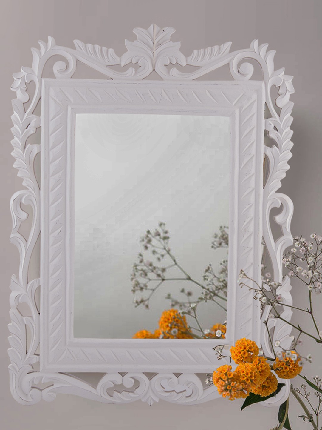 

Homesake White French Carved Royal Vintage Decorative Wooden Wall Mirror