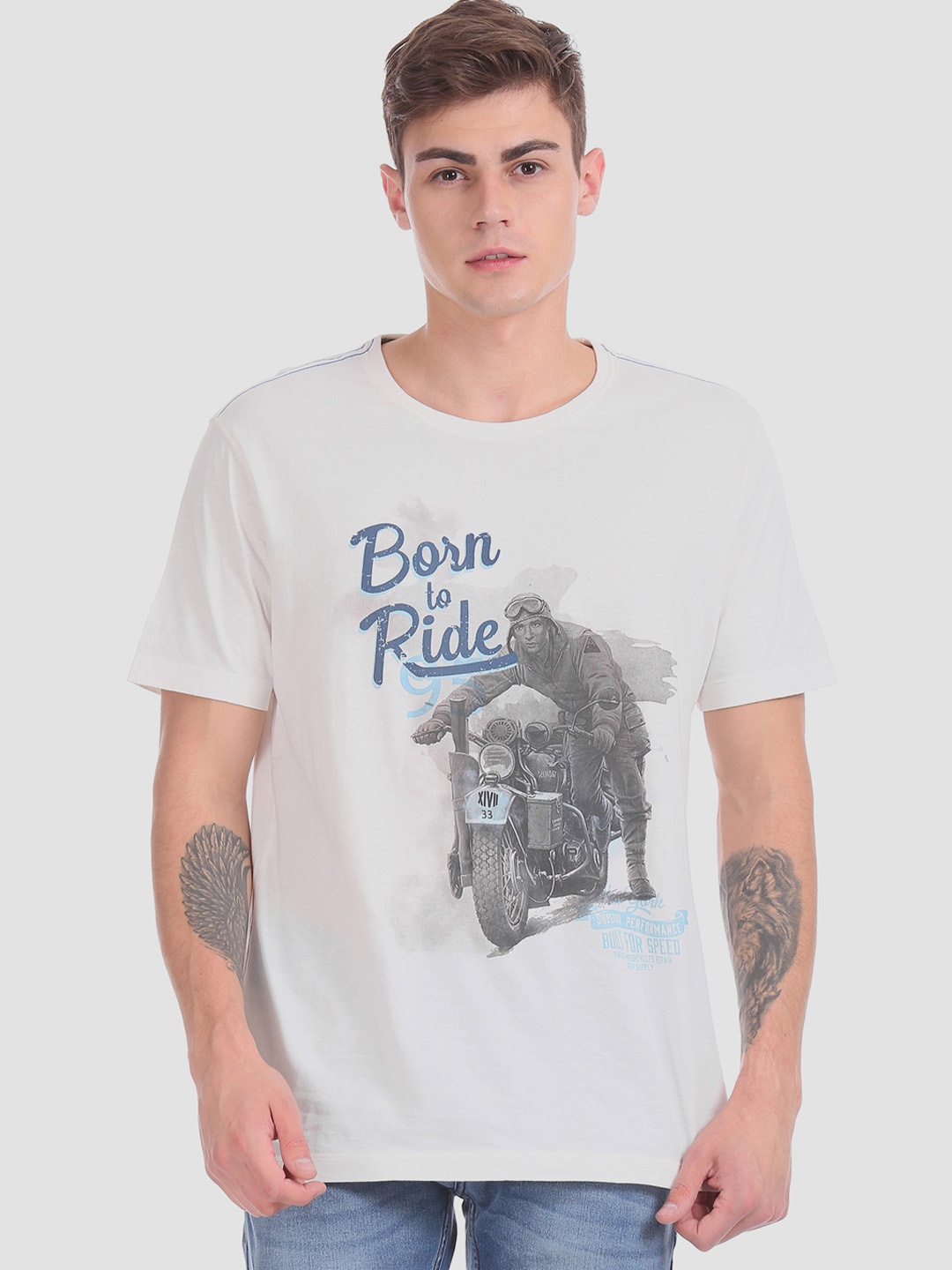 

RUF TUF Men White Grey Printed Round Neck Pure Cotton T-shirt