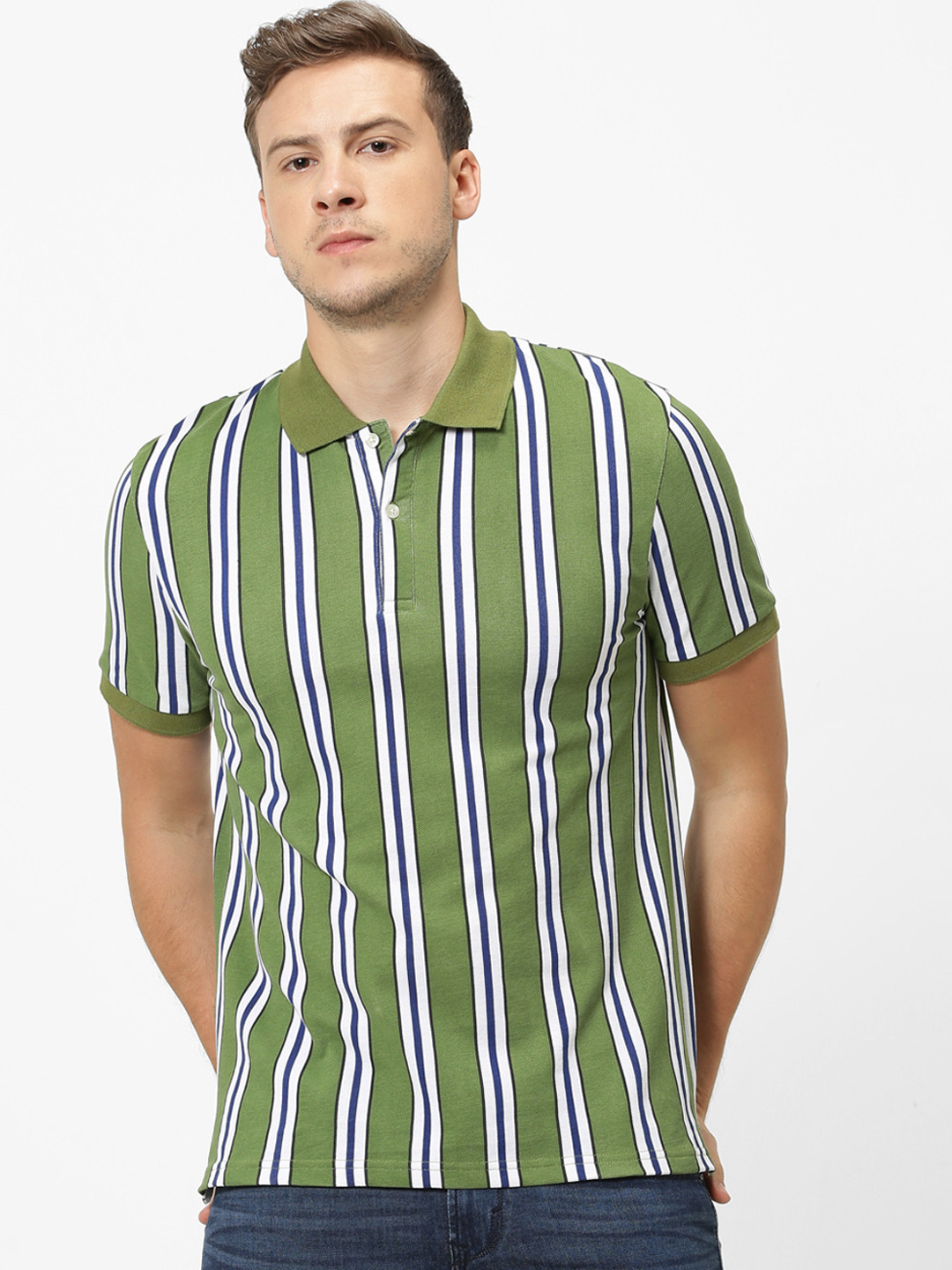 

Celio Men Olive Green Striped Polo Collar T-shirt