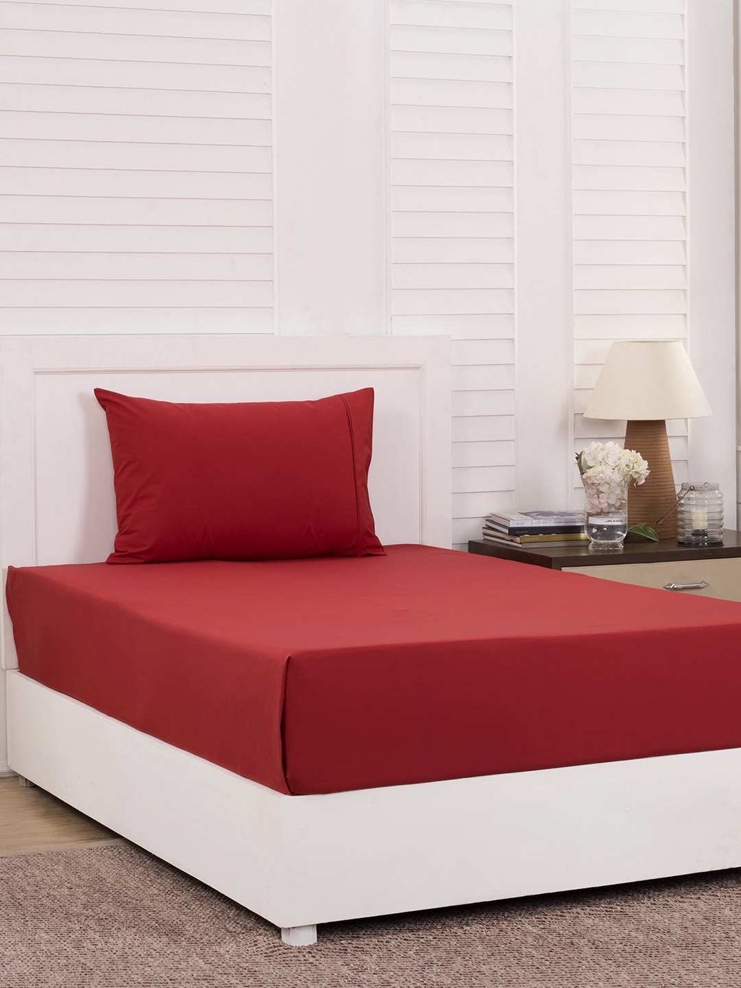 

MASPAR Red Solid 200 TC Cotton 1 Single Bedsheet with 1 Pillow Covers