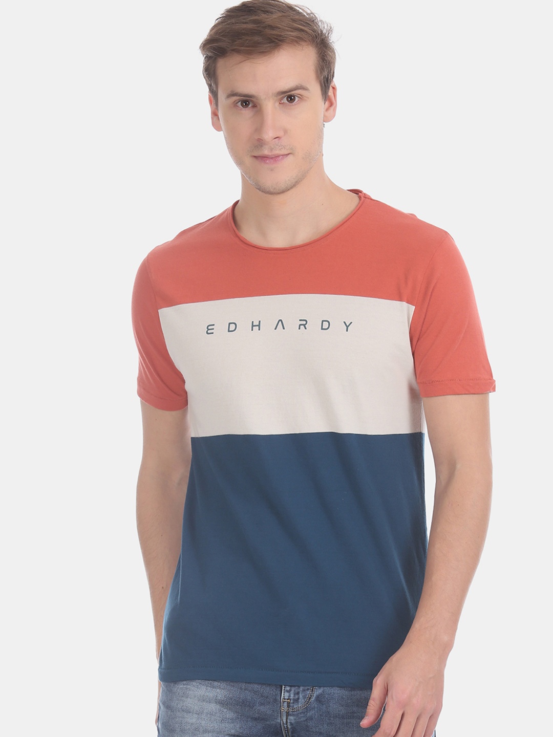 

Ed Hardy Men Blue Cream-Coloured Colourblocked Round Neck Pure Cotton T-shirt
