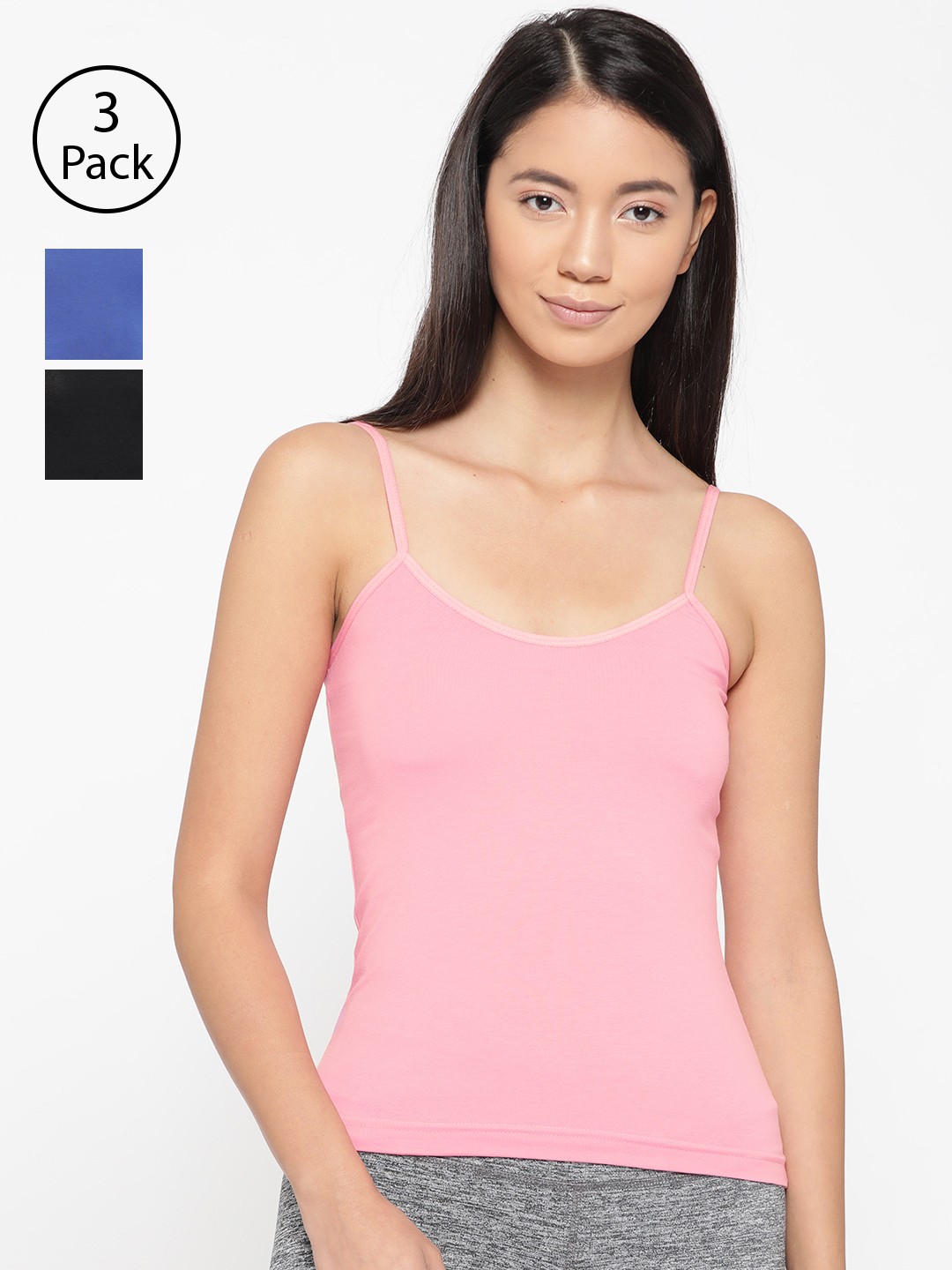 

Lady Lyka Women Pack Of 3 Solid Adjustable Straps Camisoles CAMI-04-PNK-BLK-BLU, Pink