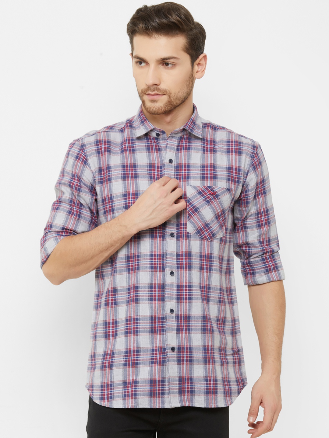 Donzell Men Grey & Blue Regular Fit Checked Casual Shirt
