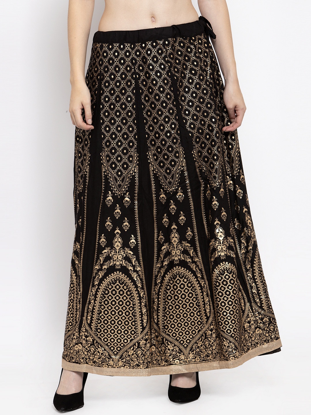 

Clora Creation Women Black & Gold-Toned Printed Flared Maxi Skirt