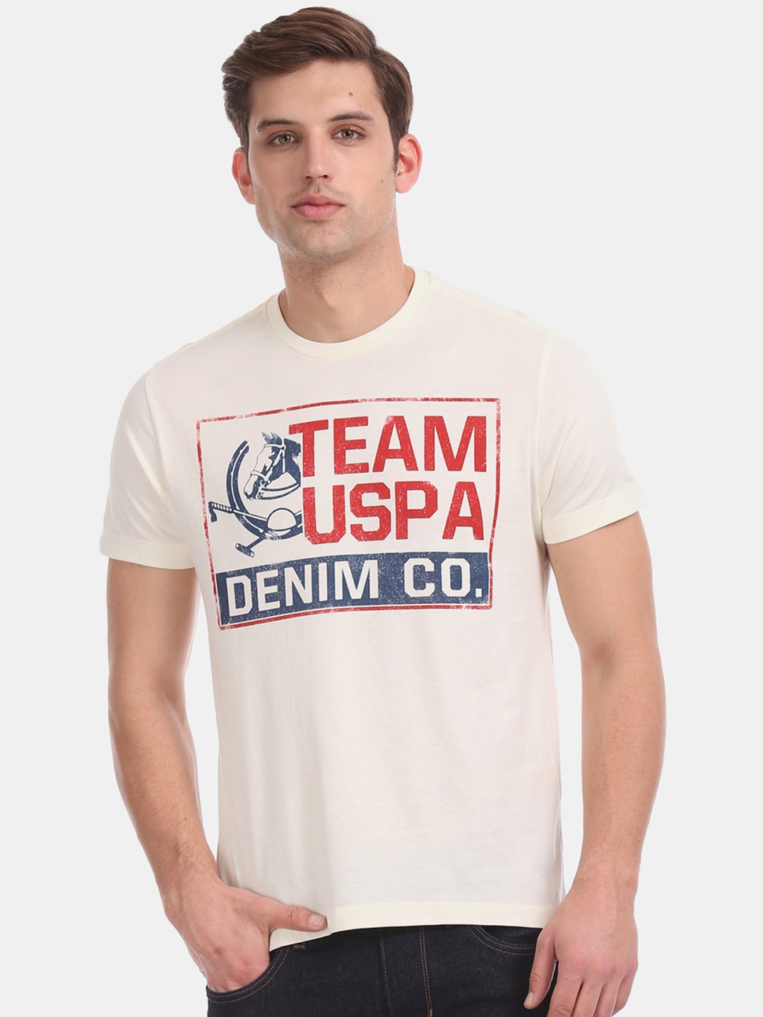 

U.S. Polo Assn. Denim Co. Men White & Red Printed Round Neck T-shirt