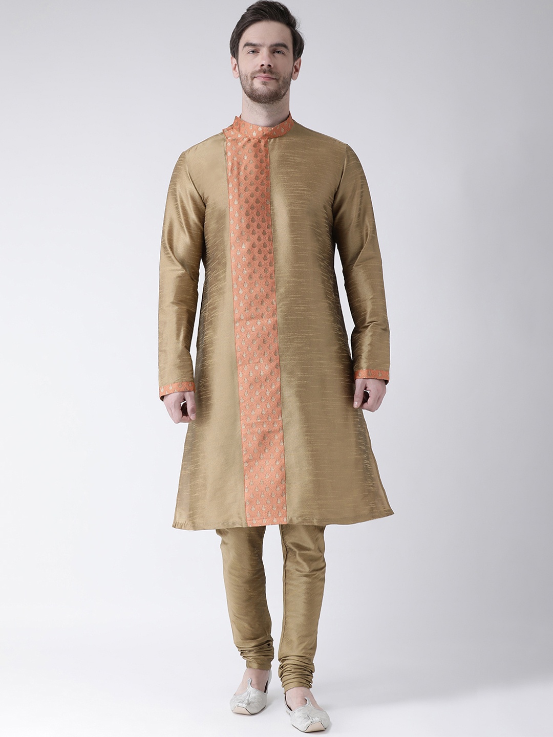 DEYANN Men Brown & Mustard Brown Self Design Kurta with Churidar