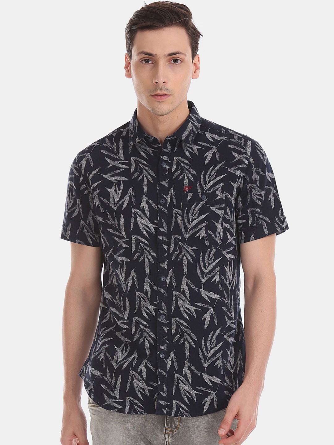 

Ed Hardy Men Navy Blue & Grey Slim Fit Printed Casual Shirt