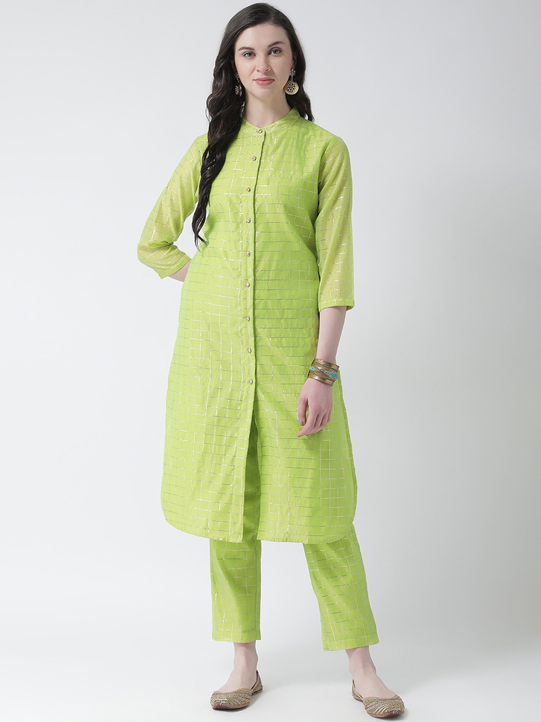 

Aayna Women Green & Gold-Coloured Checked Straight Kurta