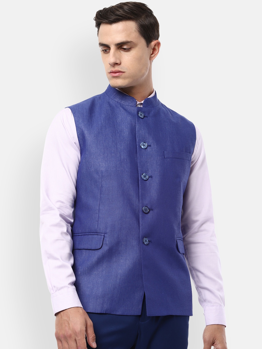 

Van Heusen Men Blue Solid Woven Nehru Jacket