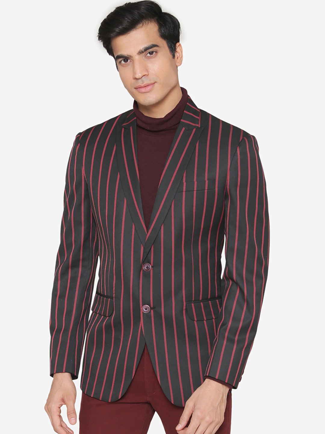 

MANQ Men Black & Red Striped Single-Breasted Slim Fit Formal Blazer
