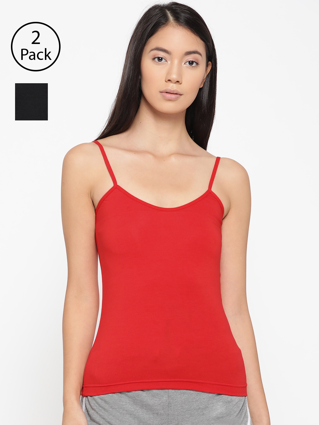 

Lady Lyka Women Pack Of 2 Solid Adjustable Straps Camisoles CAMI-04, Red