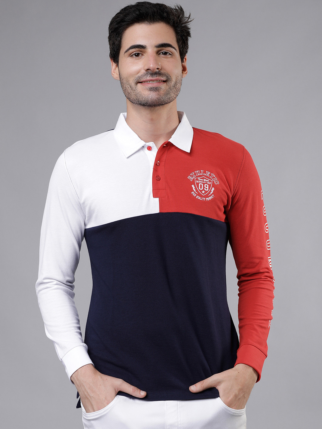 

LOCOMOTIVE Men Navy Blue & Red Colourblocked Polo Collar T-shirt