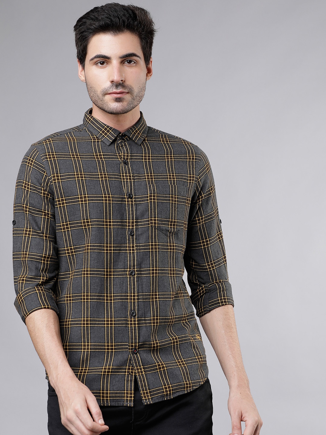 LOCOMOTIVE Men Grey & Yellow Slim Fit Checked Casual Shirt