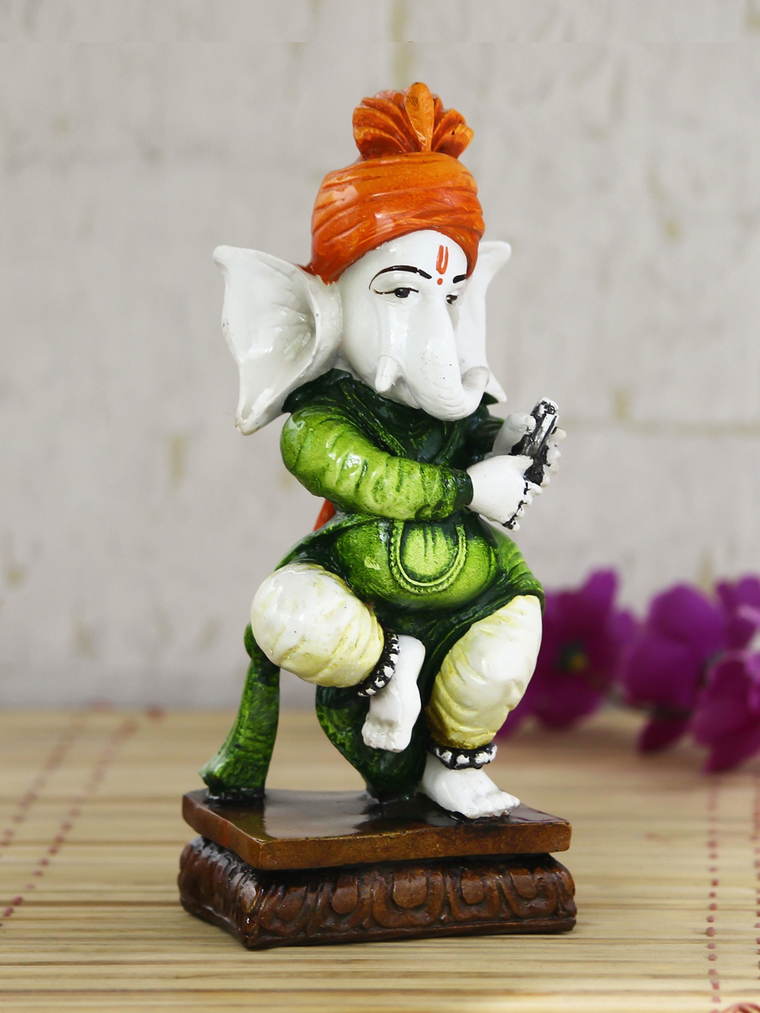 

eCraftIndia White & Green Lord Ganesha Playing Instrument Decorative Showpiece