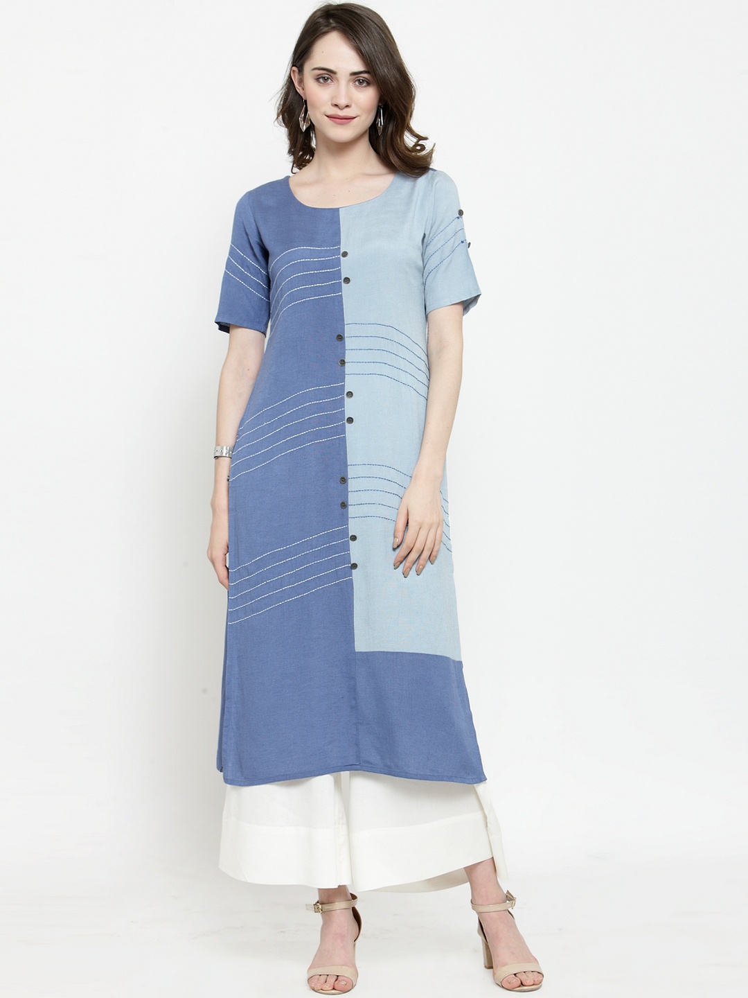 Varanga Women Grey & Blue Colourblocked Straight Kurta