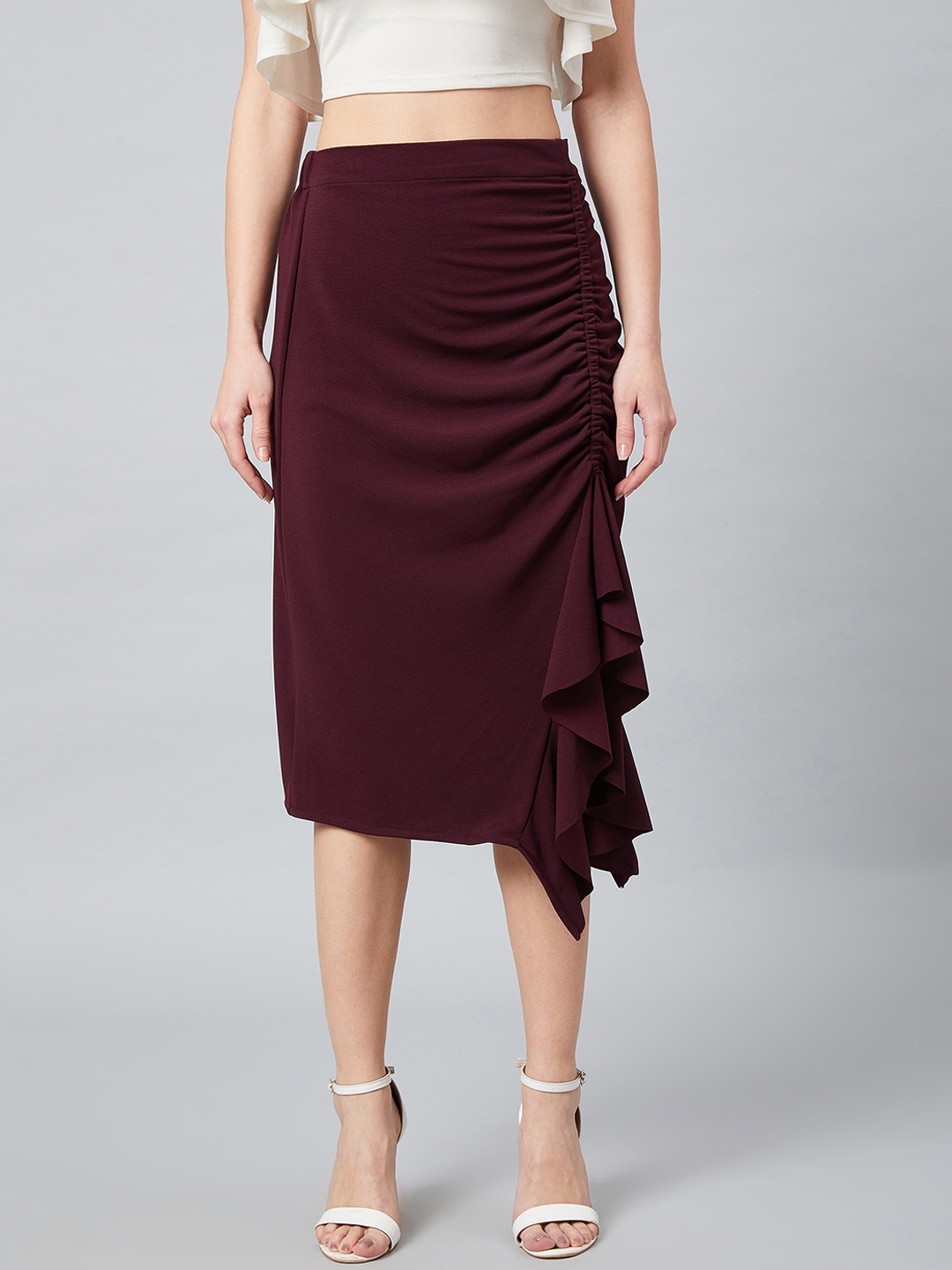 

Athena Burgundy A-Line Midi Skirt With Front Frill Detail