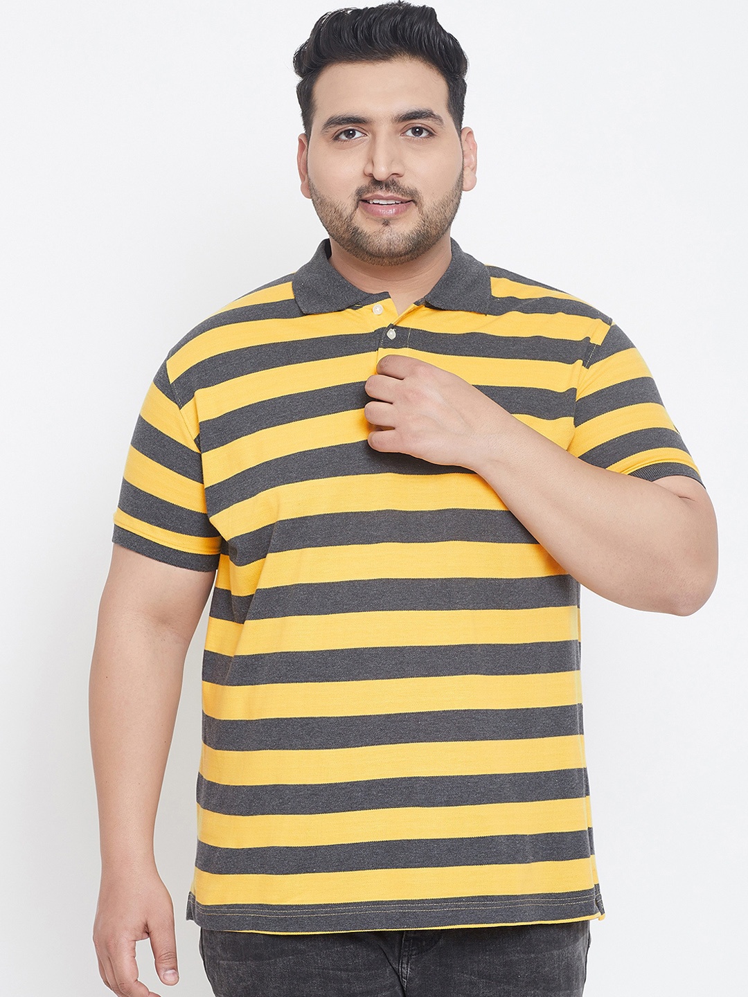 

bigbanana Plus Size Men Yellow Striped Polo Collar Pure Cotton T-shirt