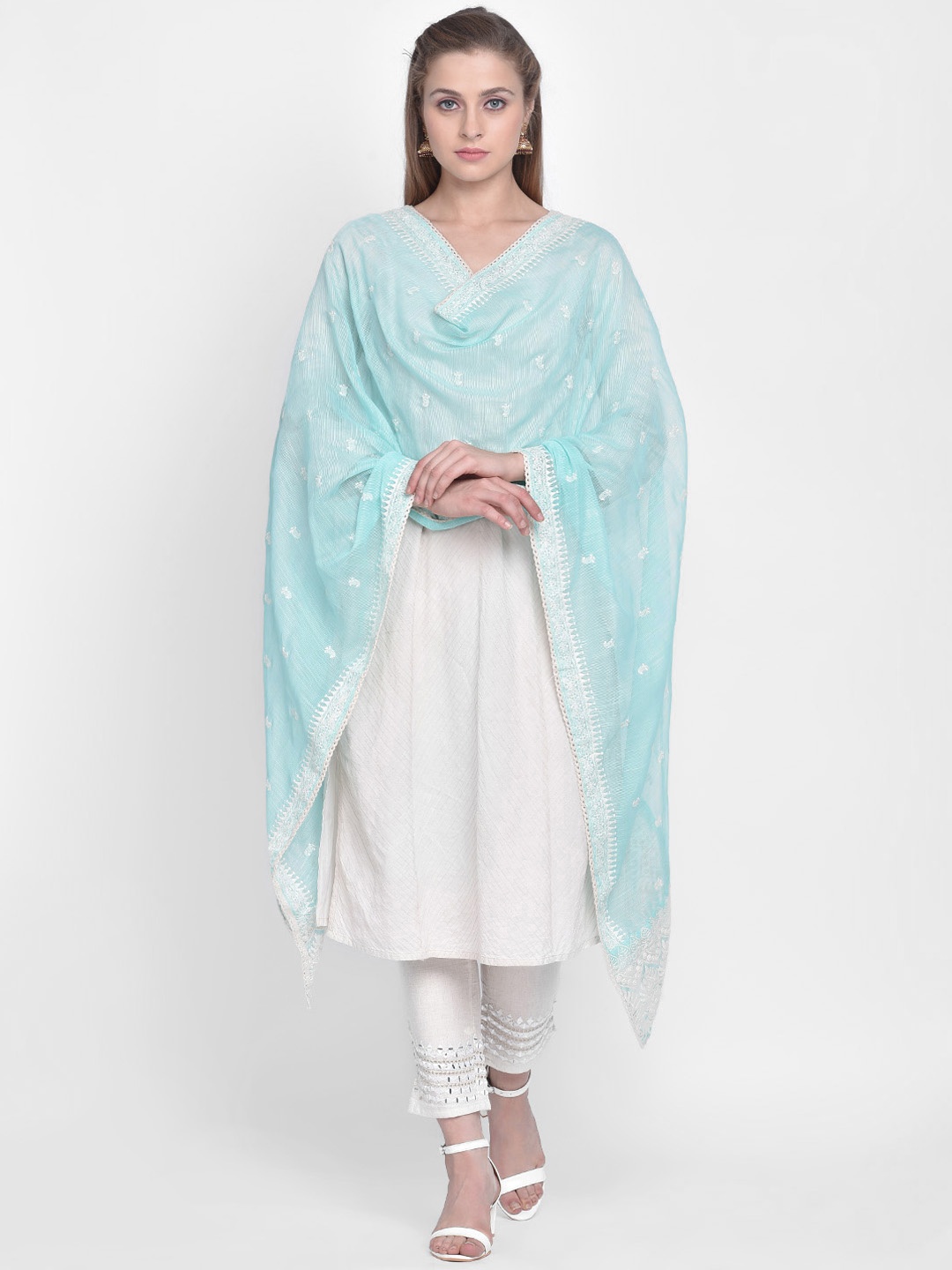 

Dupatta Bazaar Sea Green & White Embroidered Net Dupatta