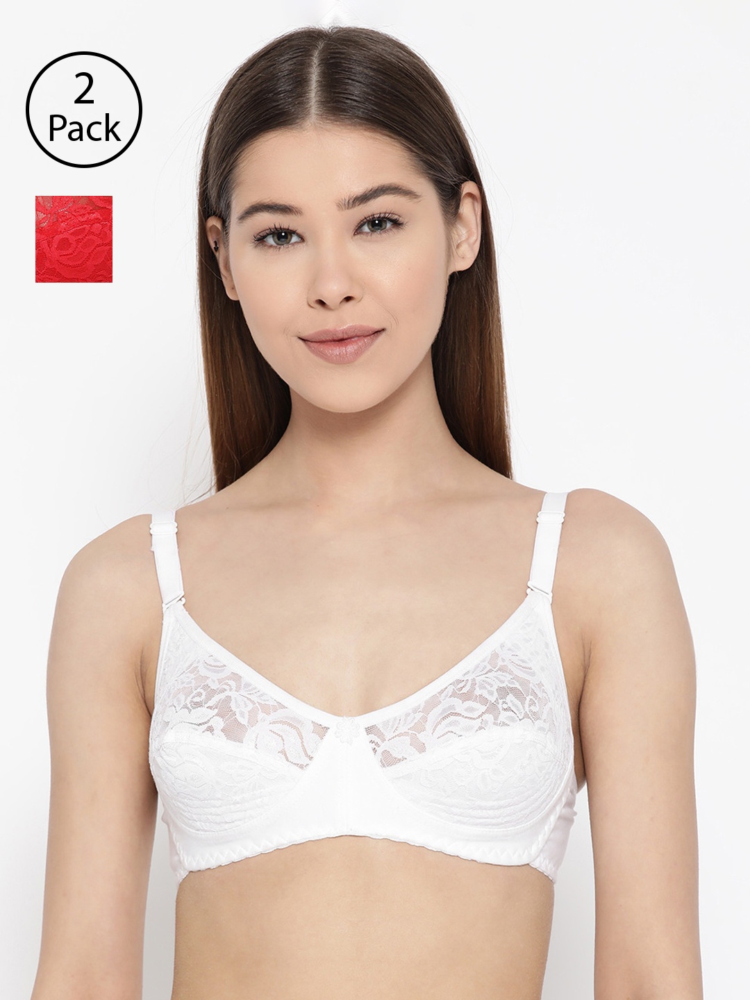 

Lady Lyka Pack of 2 Lace Non-Wired Non Padded Lace Everyday Bras IMPRESSION, Red