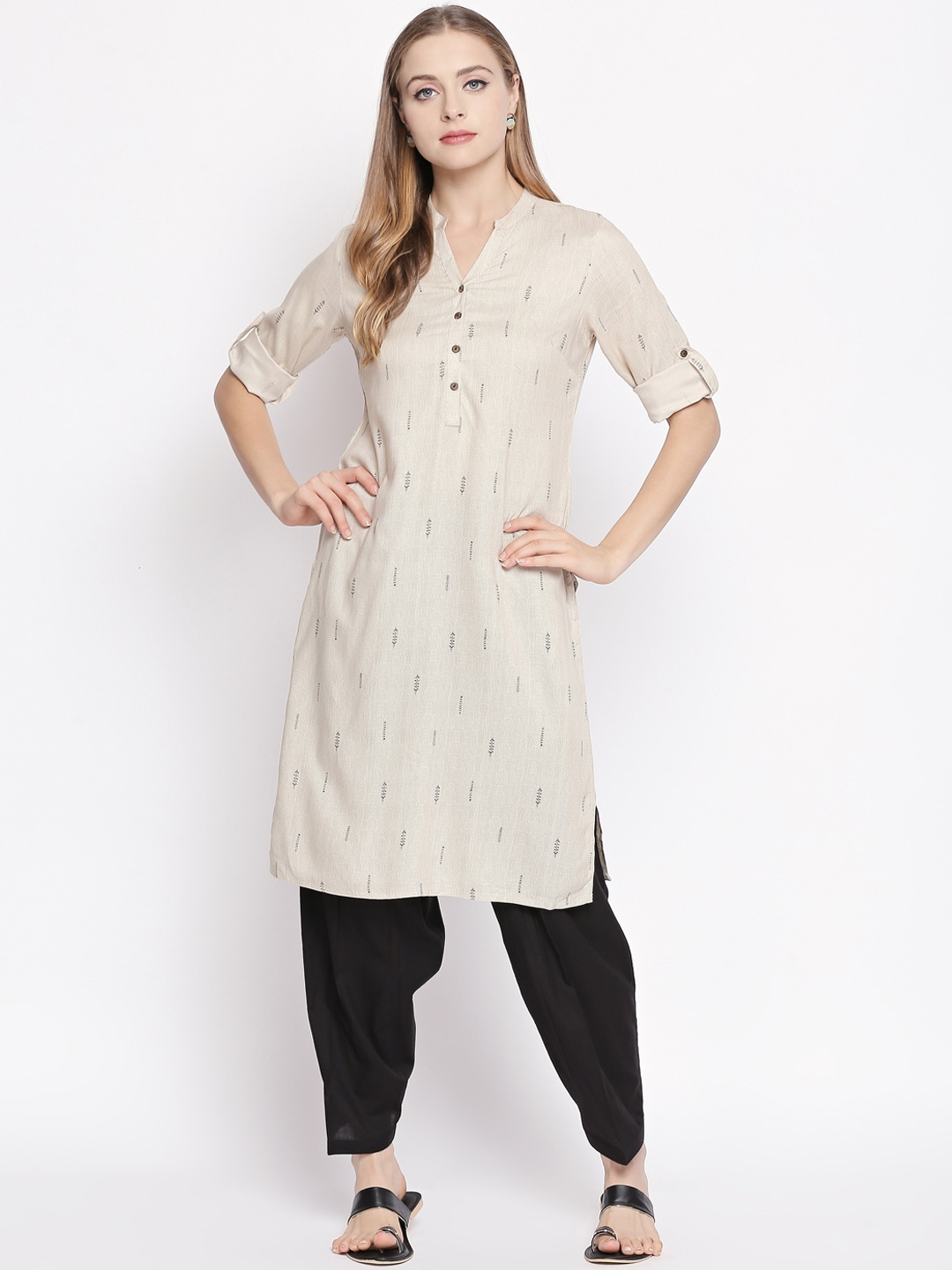 

RANGMANCH BY PANTALOONS Women Beige & Grey Printed Straight Kurta