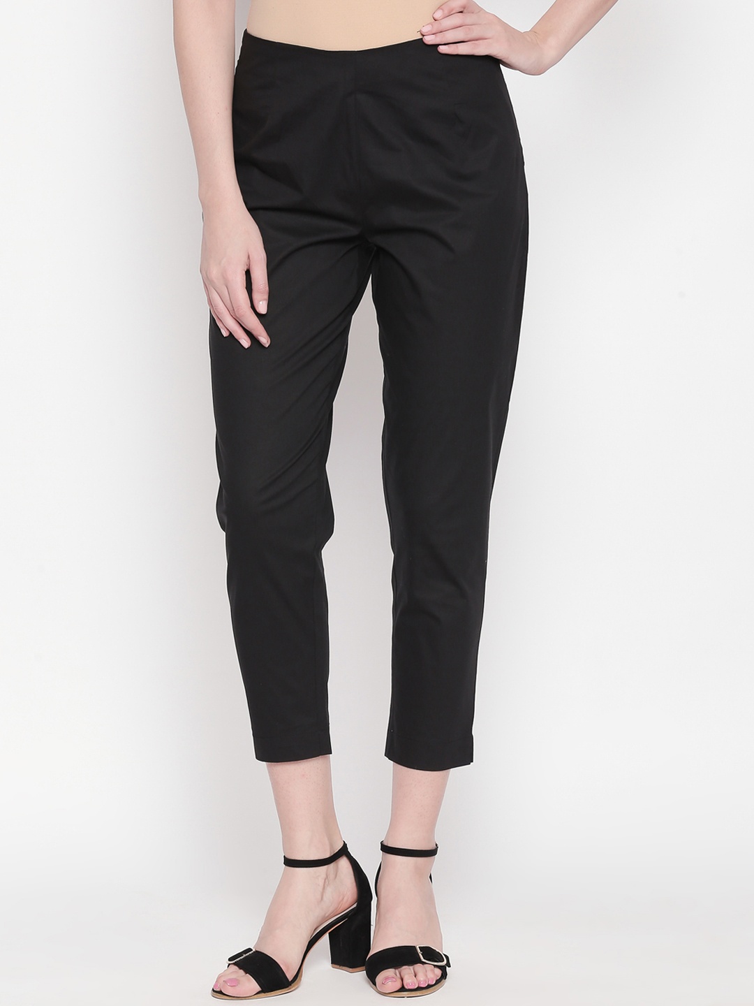 

RANGMANCH BY PANTALOONS Women Black Regular Fit Solid Cigarette Trousers