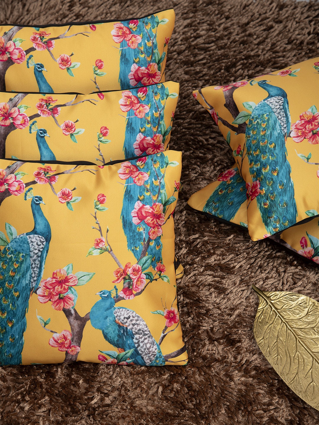 HOUZZCODE Yellow Set of 5 Floral Square Cushion Covers