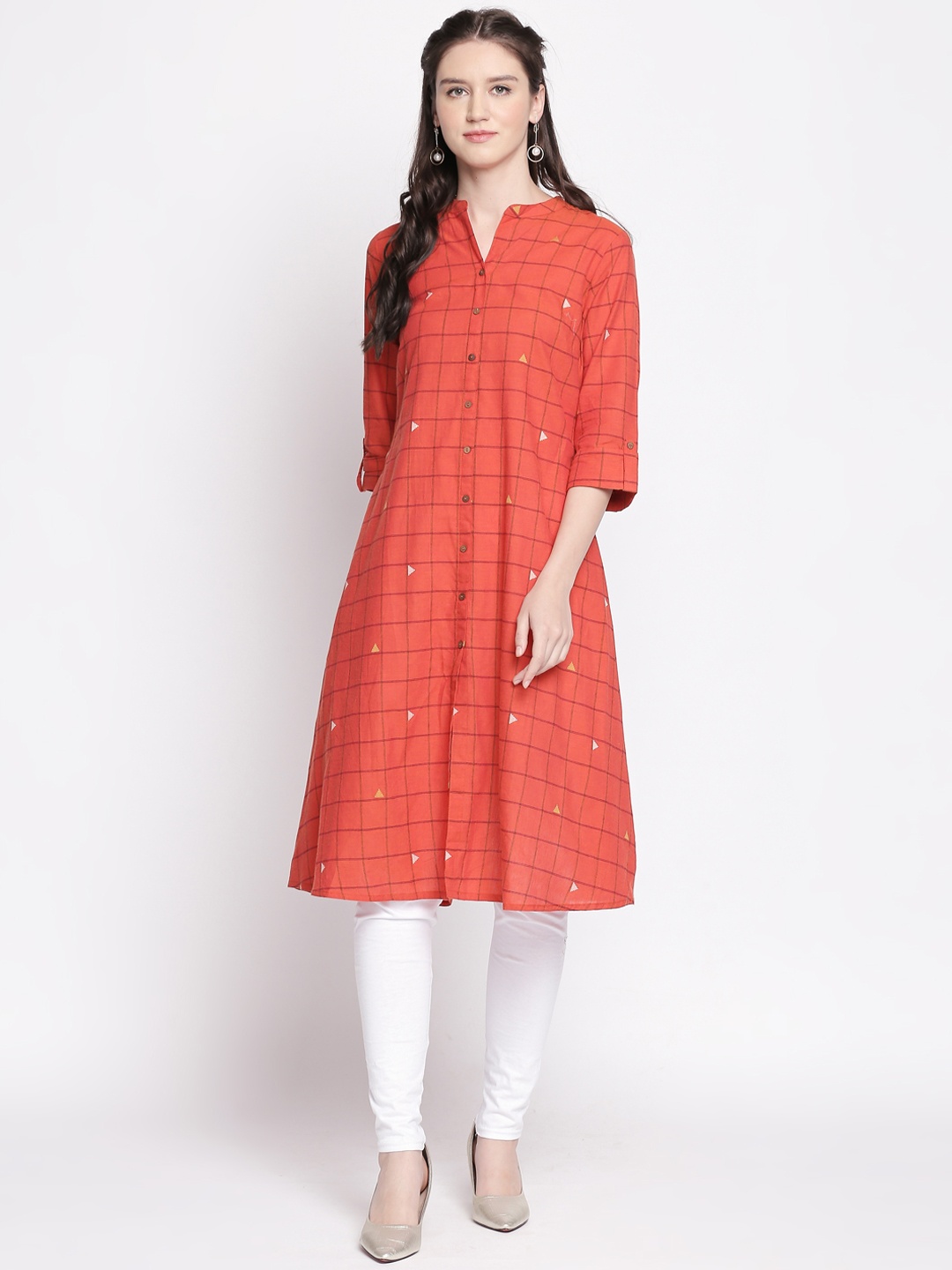 

RANGMANCH BY PANTALOONS Women Rust Orange Checked A-Line Kurta