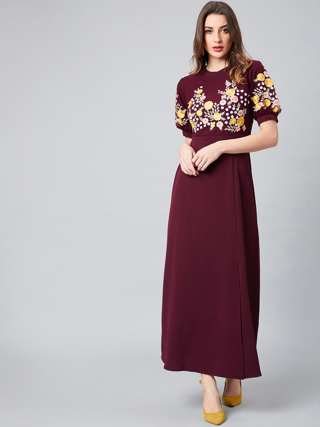 

Athena Maroon & Yellow Embroidered Maxi Dress