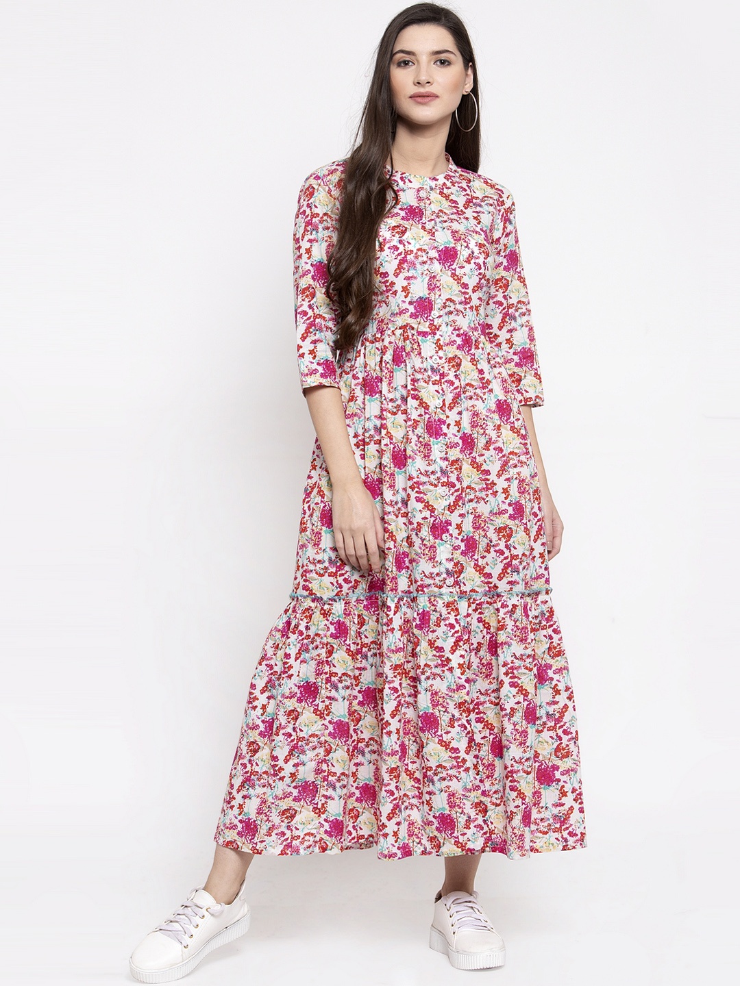Indibelle Women Pink & White Printed Fit and Flare Dress