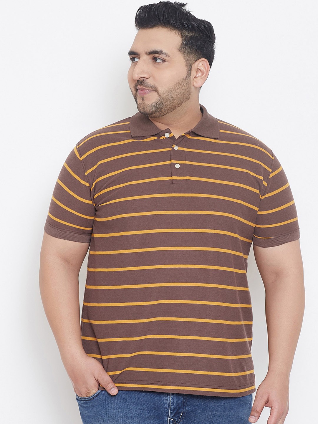 

bigbanana Plus Size Men Brown Mustard Yellow Striped Polo Collar Pure Cotton T-shirt
