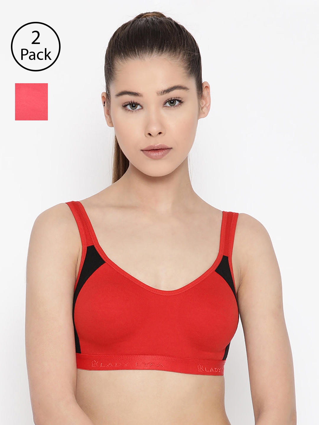 

Lady Lyka Pack of 2 Solid Non-Wired Non Padded Sports Bras LILAC-PLM-RED, Peach